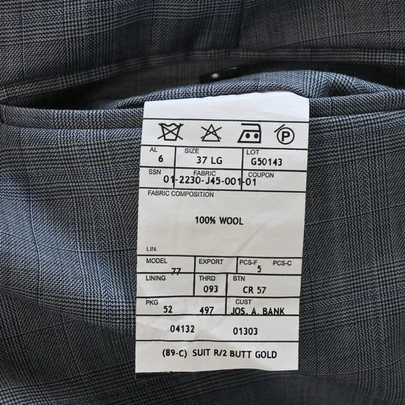 Jos A Bank 43L 36x34 Light Blue Glenn Check 100% Wool Gordon Mens Suit